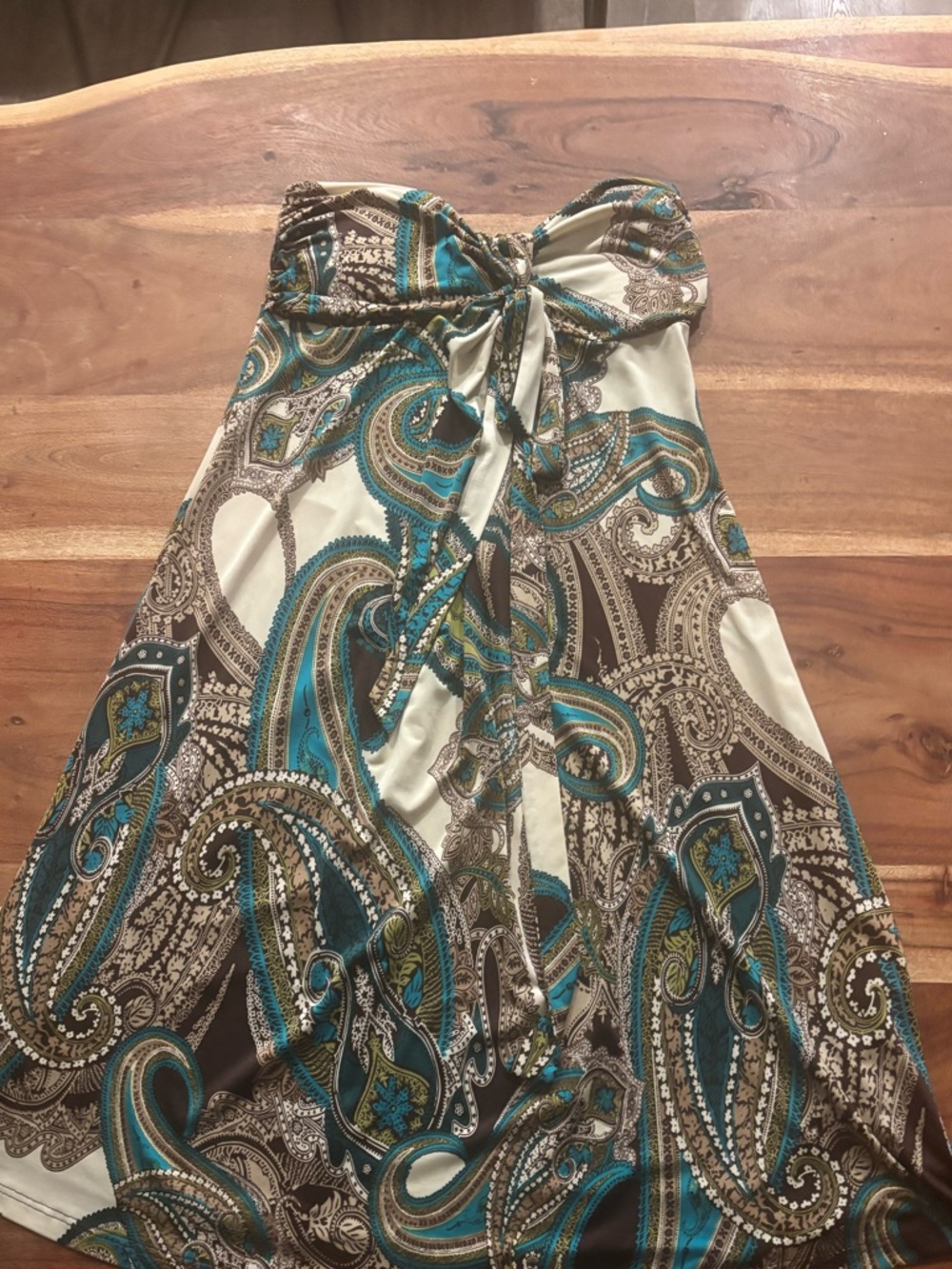 Strapless Paisley Print Dress- Teal & Brown